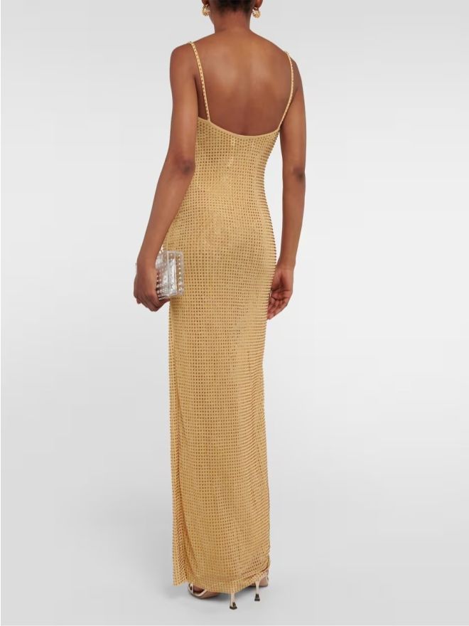 Self-Portrait Yellow Rhinestone Mesh Maxi Dress