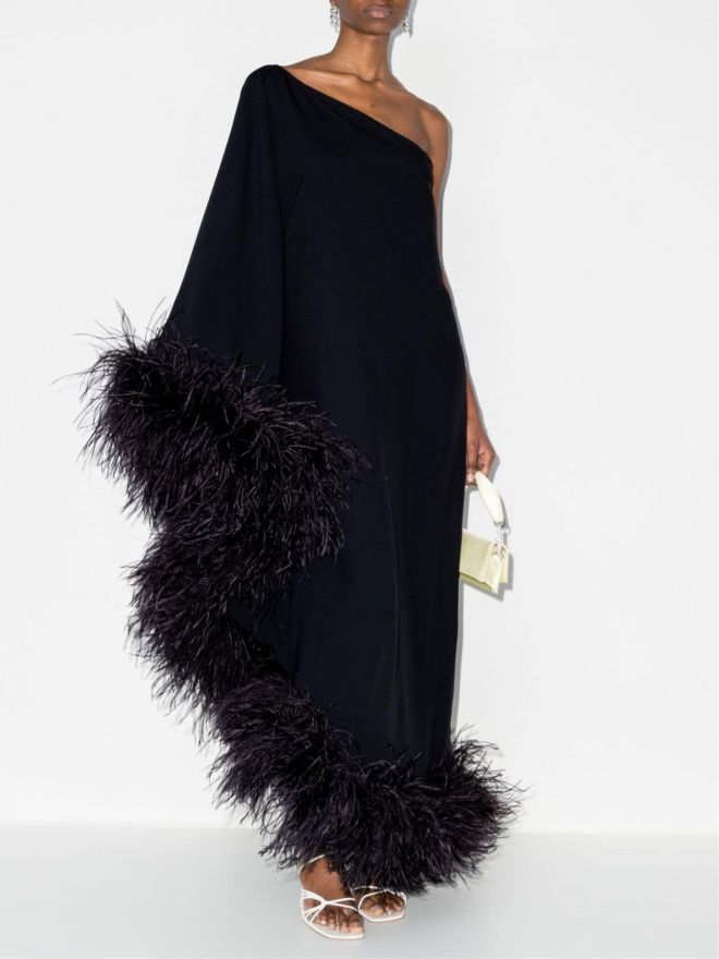Taller Marmo Ubud One-shoulder Feather-trim Gown