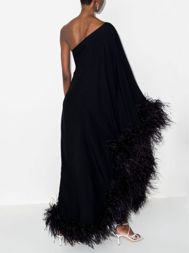 Taller Marmo Ubud One-shoulder Feather-trim Gown