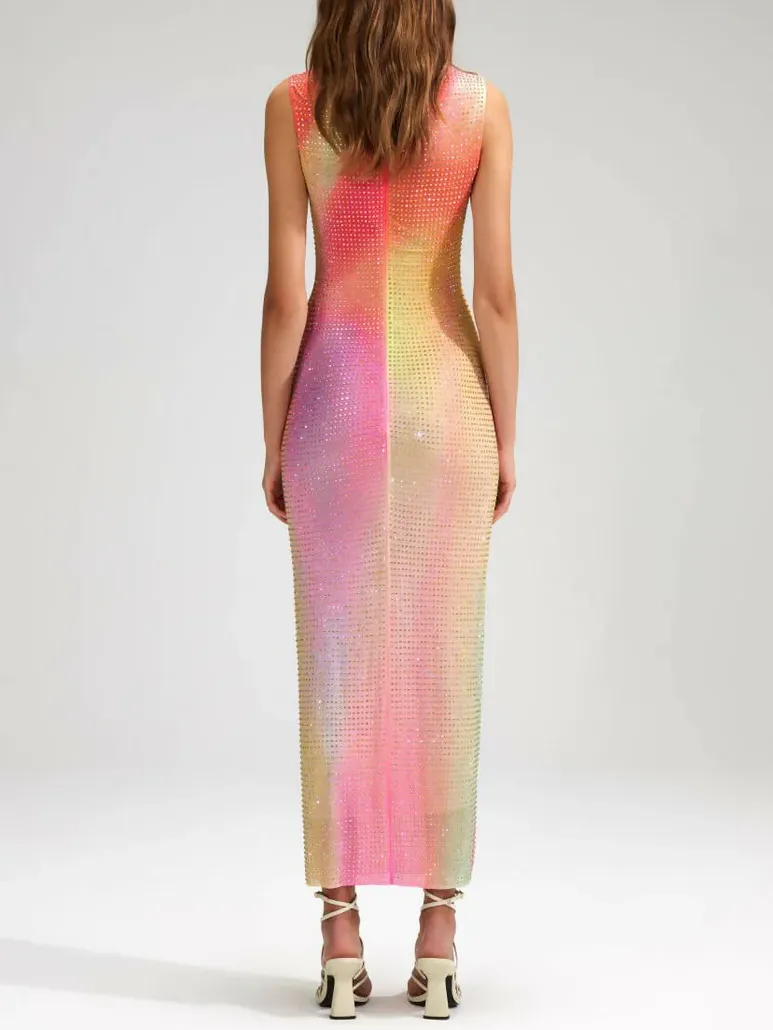 Self-Portrait Printed Mesh Rhinestone Midi Dress