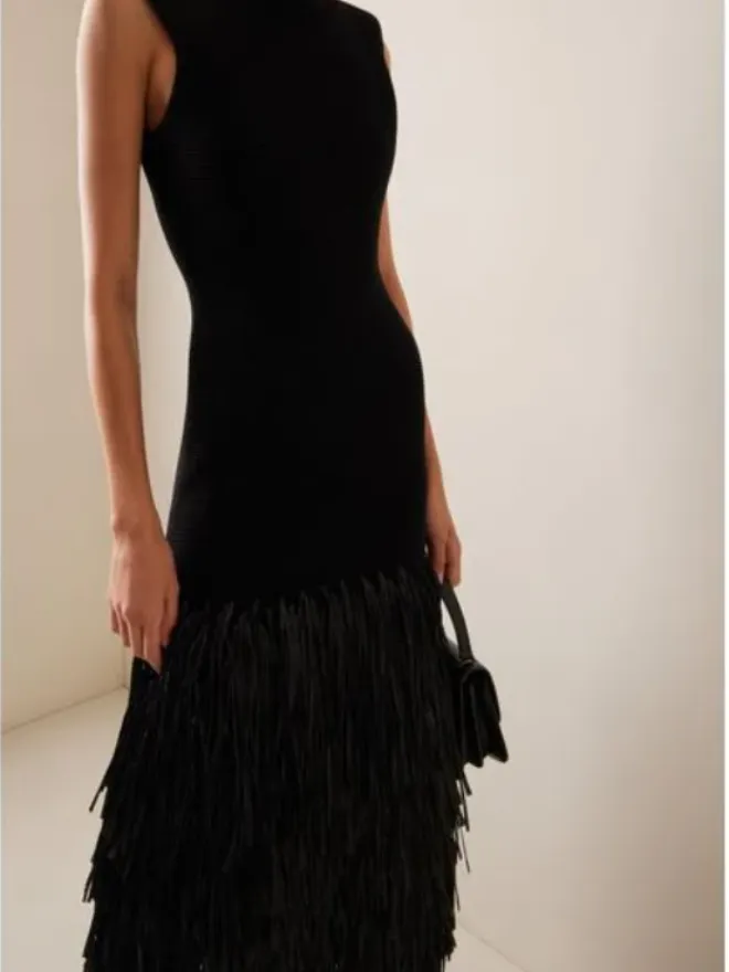 Aje Rushes Raffia-Trimmed Knit Midi Dress