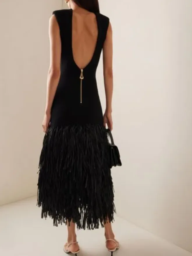 Aje Rushes Raffia-Trimmed Knit Midi Dress